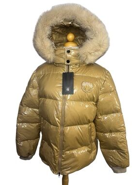 Women's Tan Glossy Puffer Jacket with Faux Fur Hood XL